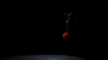 Latin bir stüdyoda bir siluet, karanlık bir arka plan dans kadın