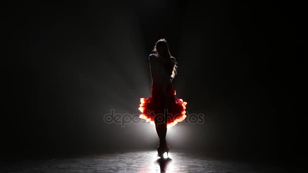 Schöne Mädchen tanzen Rumba im Studio auf dunklem Hintergrund, Rauch, Silhouette — Stockvideo