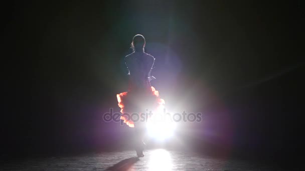 어두운 배경, 연기, 실루엣에 스튜디오에서 삼 바 댄스 레이디 — 비디오