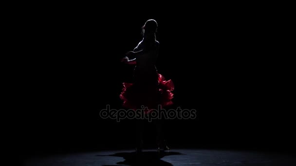 Lady dansende gepassioneerd rumba, silhouet. Slow motion — Stockvideo