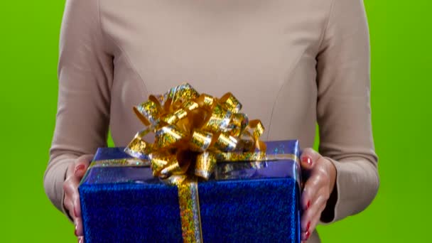 Geschenk in einem großen glänzenden Karton mit einer riesigen Schleife — Stockvideo