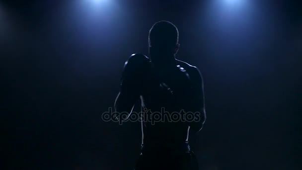 Entrenamiento de boxeadores en el estudio oscuro. Movimiento lento en silueta — Vídeos de Stock