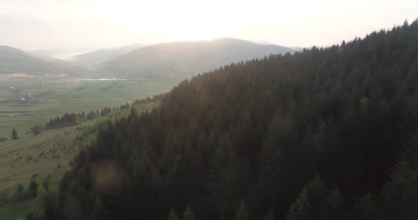 Flygfoto. Gryning över kullar och med tät skog — Stockvideo