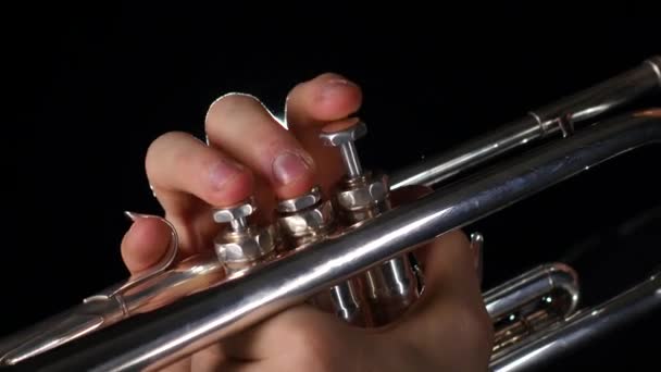 Musiker spielt Trompete auf schwarzem Hintergrund mit einem Scheinwerfer — Stockvideo