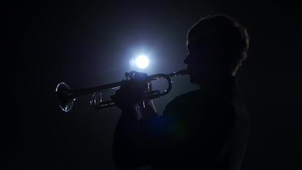 Instrumentalista toca em uma melodia clássica de trompete. Estúdio em fumo — Vídeo de Stock