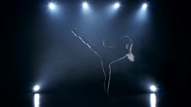 Good stretching girl boxer. Studio in the smoke and spotlights — Stock Video