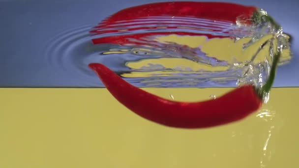 Chili peper spatten in water in slowmotion — Stockvideo