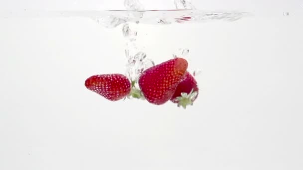 Ripe strawberry falls in water. Slow motion — Stock Video