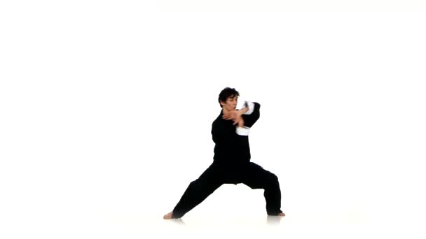 Bir beyaz üzerine siyah bir kimono bir karate veya wushu çocuk — Stok video