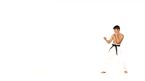 Karate of taekwondo man springen, hoge schop en vuist punch op wit — Stockvideo