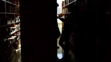 Kitaplığındaki kitap rafı arasında konuşmak siluet üniversite öğrencisi