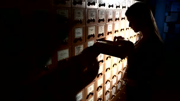 Buscando en los archivos. Silueta Estudiante buscando desde un armario de llenado — Vídeos de Stock