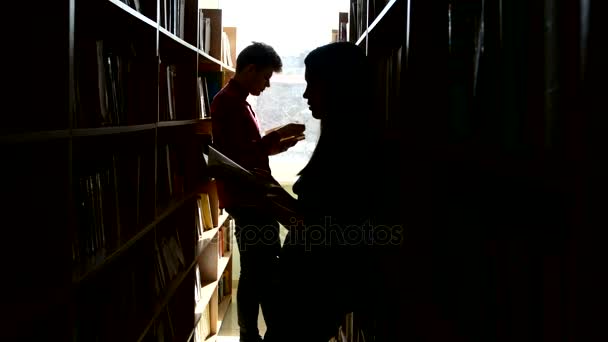 Silhouette charla de estudiantes universitarios entre las estanterías de una biblioteca — Vídeos de Stock