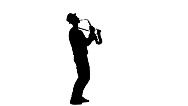 Jazz melodies performed by young musician. Silhouette on white background — Stock Video