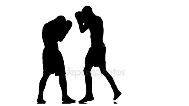 Training zwischen zwei Sportlern Boxer Männer. Silhouette. Zeitlupe — Stockvideo