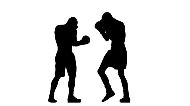 Trött motståndare träder boxaren att clinch. Svart siluett — Stockvideo