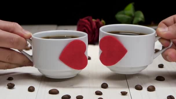 Two cups of coffee for romantic lovers. Slow motion — Stock Video