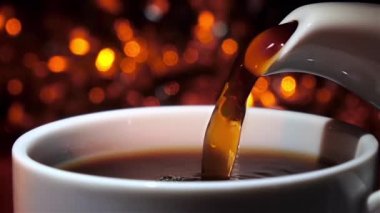 Sıcak espresso pot beyaz bir kaba dökülür.