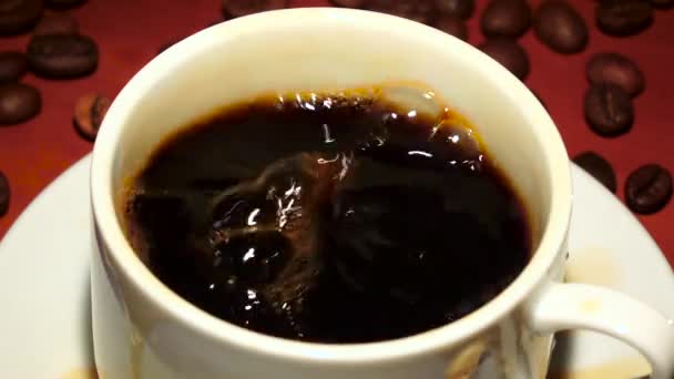 Primer plano. En taza con café negro cae una pieza de azúcar — Vídeo de stock