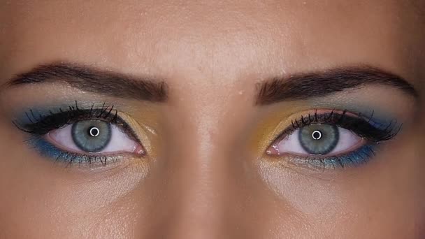 Girl shows beautiful bright make up that made her visagiste . Close up. Slow motion — Stock Video