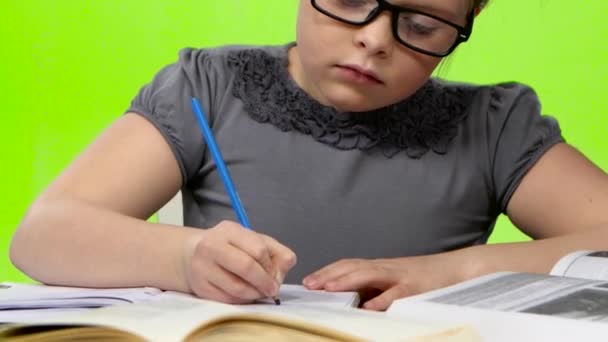 Κορίτσι Ξεφυλλίζοντας ένα βιβλίο και να γράφει σε ένα σημειωματάριο. Πράσινη οθόνη. Κοντινό πλάνο — Αρχείο Βίντεο