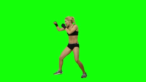 Κορίτσι kickboxer φορώντας γάντια εξάσκηση για αγώνες. Πράσινη οθόνη. Πλάγια όψη — Αρχείο Βίντεο