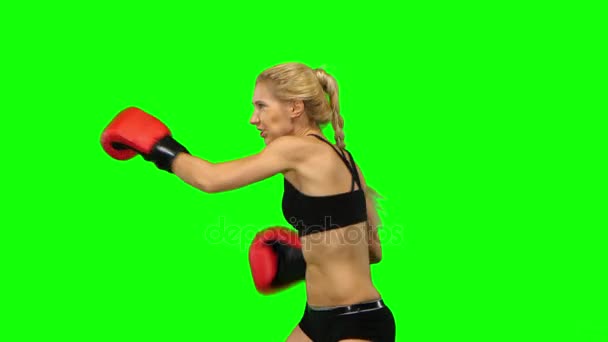 Girl boxer in red gloves beats sends alternating hands. Green screen. Side view — Stock Video