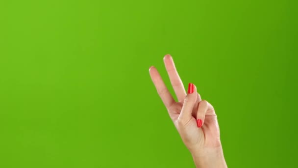 여자 손 제스처는 평화를 나타내는 떨고. 녹색 화면 스튜디오 — 비디오
