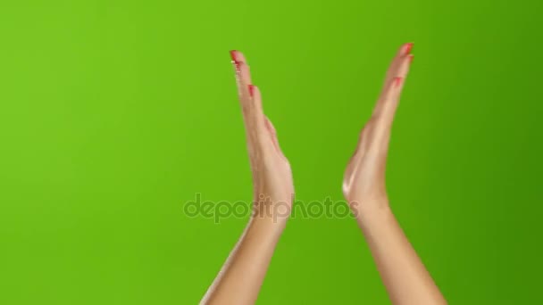 Applaudieren und klatschen zwei weibliche Hände auf grünem Bildschirmhintergrund — Stockvideo