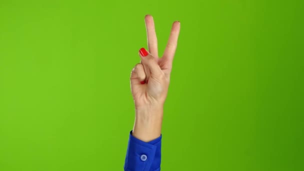 Gesto della pace mostra mano donna due volte per fotogramma, primo piano — Video Stock
