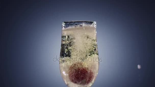Morango caindo em copo cheio de vinho de champanhe. Movimento lento — Vídeo de Stock