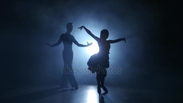 Emotional and graceful ballroom dance performed by champions, smoky studio