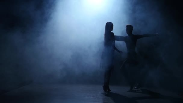 Dance element from the latina, silhouette couple ballroom. Smoke background — Stock Video