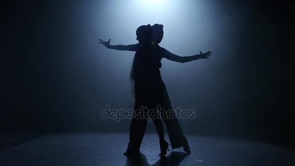 Elemento di danza dal programma sala-sport, silhouette coppia sala da ballo. Fumo — Video Stock
