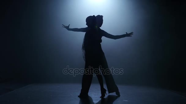 Élément de danse du programme ballroom-sport, salle de bal couple silhouette. Fumée — Video