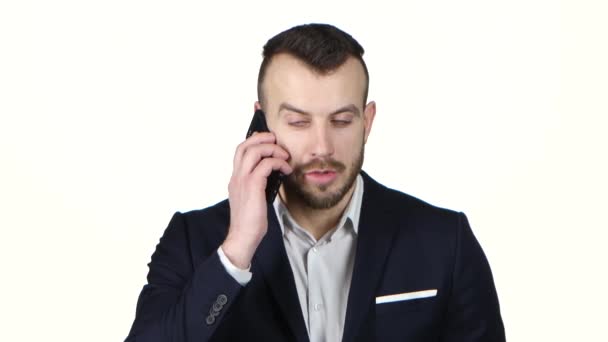 Adam cep telefonu iş uymak. Beyaz arka plan — Stok video