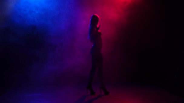 Silhouette fille pj danse dans la fumée de couleur, au ralenti — Video