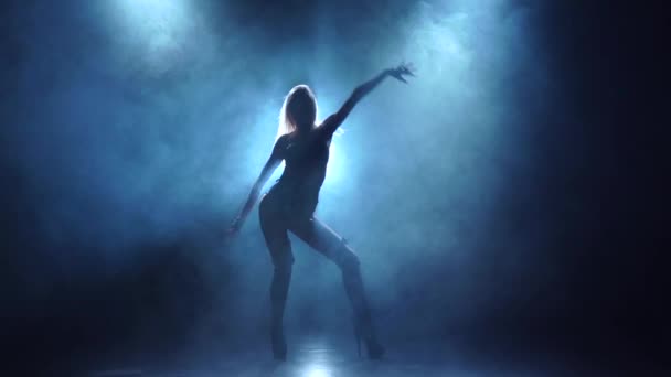 Kerülnek kapcsolatba seminude női táncos swordbelt fehérnemű. Füstös háttérben, lassú mozgás — Stock videók