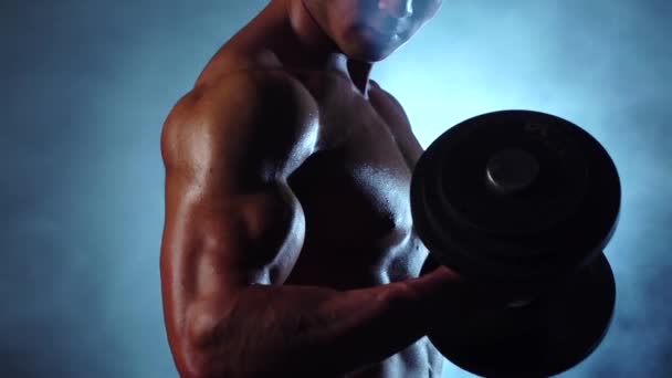 Asya halterci eğitim pazı bir dumbbells ile. Siyah duman arka plan. Ağır çekim — Stok video