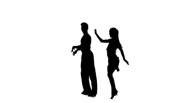 Couple silhouette professional dancing rumba on white background, alpha channel — Stock Video