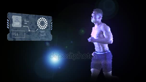 Hologram mannen springer på svart bakgrund med diabilder datorgrafik — Stockvideo