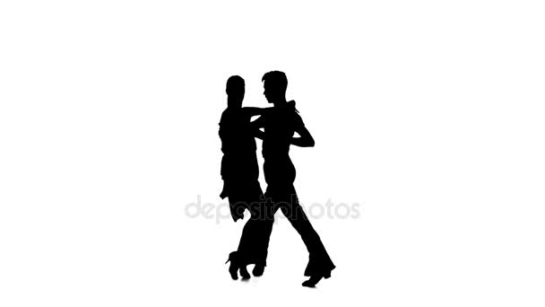 Couple silhouette professional dancing jive on white background. Slow motion — Stock Video