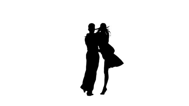 Pair silhouette professional dancing modern on white background. Slow motion — Stock Video