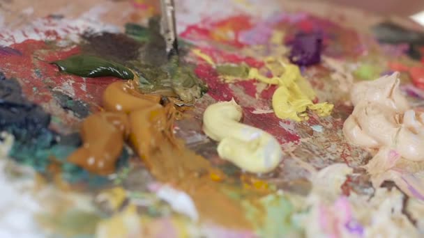 Mescolare colori marrone e verde pittura a olio sulla tavolozza. Rallenta, primo piano — Video Stock