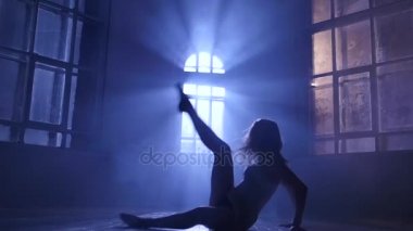 Gece ay ışığında, performans kız dans ediyor. Siluet, ağır çekim