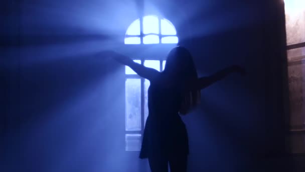Балерина танцует свои теневые па, лунный свет проникает через окно. Силуэт — стоковое видео