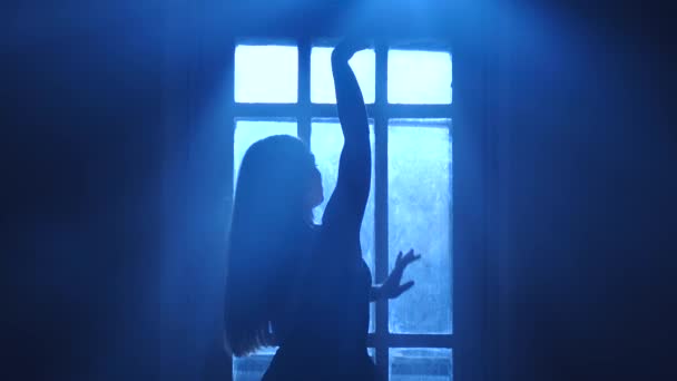 Κορίτσι μπαλαρίνα ζυμώνει και χορούς κοντά στο παράθυρο στο φως του φεγγαριού, σιλουέτα — Αρχείο Βίντεο