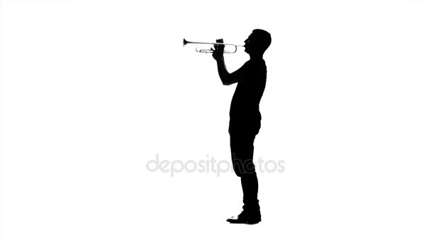 Musicien professionnel jouant de la trompette. Silhouette noire sur fond blanc — Video