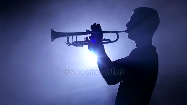 Musicista professionista in studio fumoso che suona su trombone, silhouette. Primo piano — Video Stock