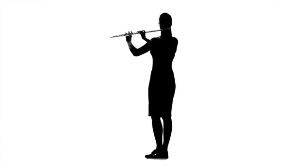 Musician girl playing on flute. Black silhouette on white background — Stock Video